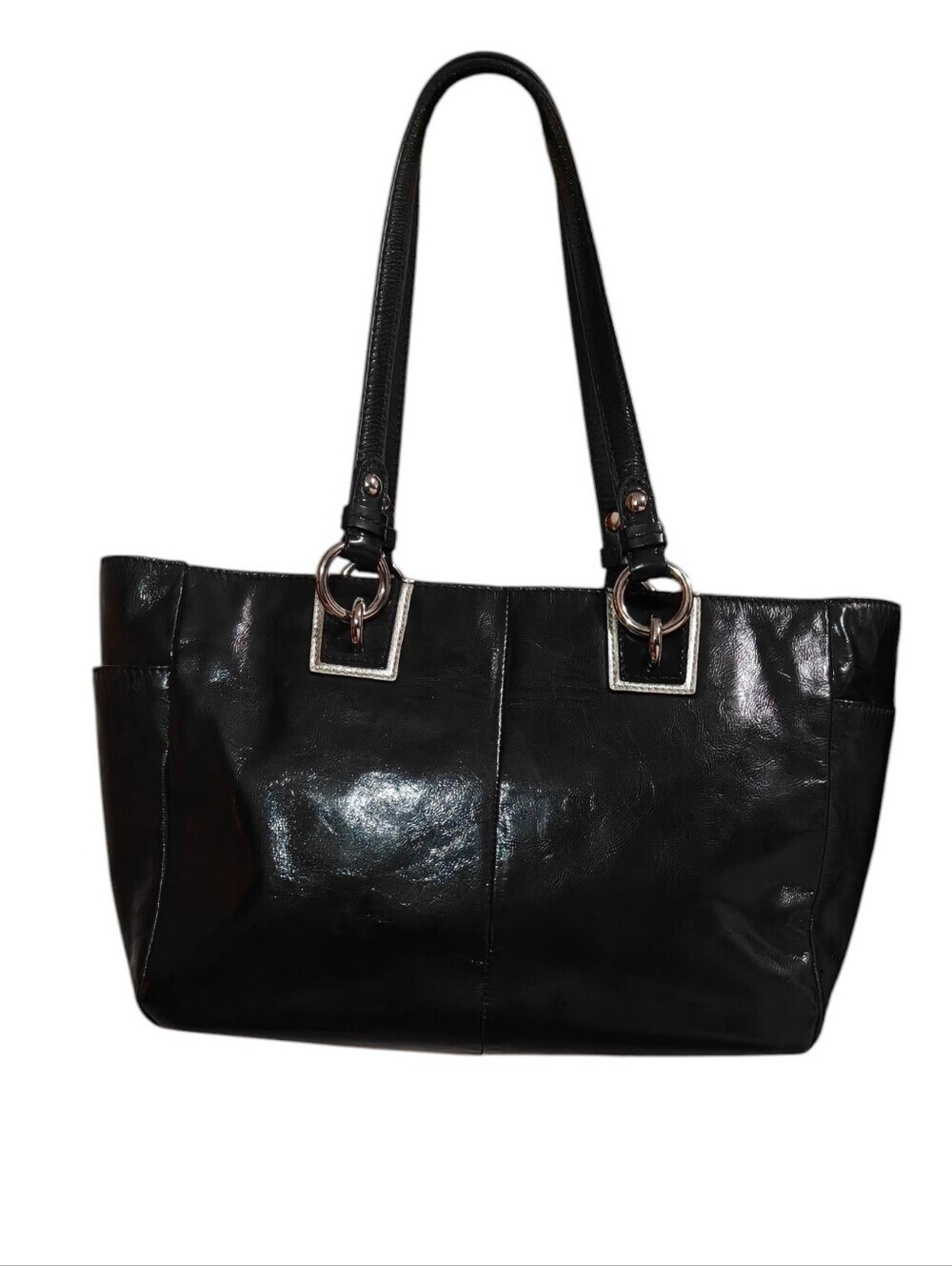 Coach Black Leather Shoulder Tote with Cream and Gray Circle Inlay - Picture 2 of 16